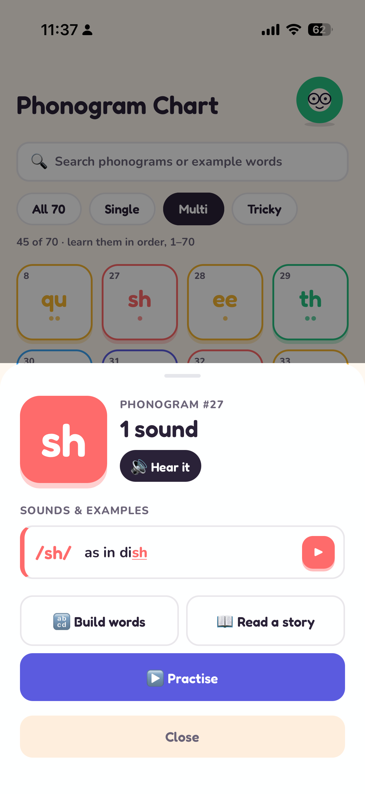 The phonogram chart with a detail sheet showing the sound of sh