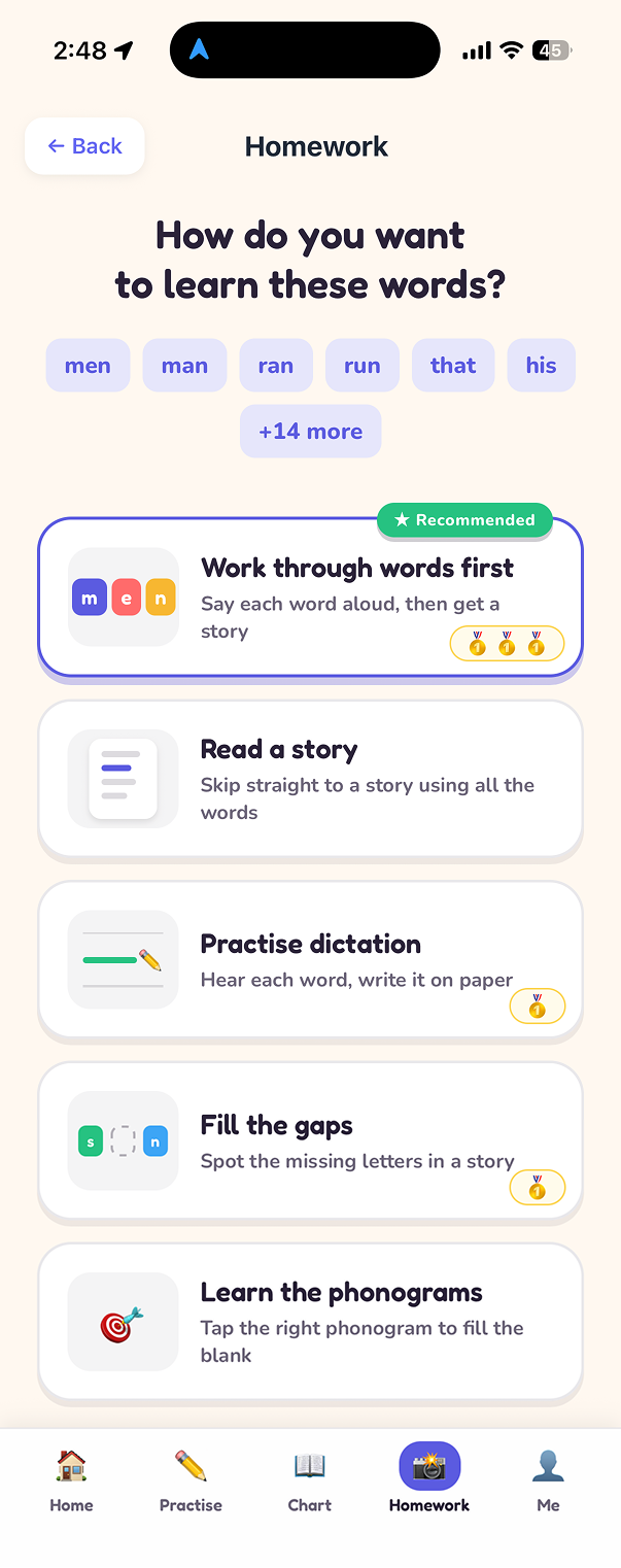 Phonogram Fun homework screen offering ways to learn this week's words